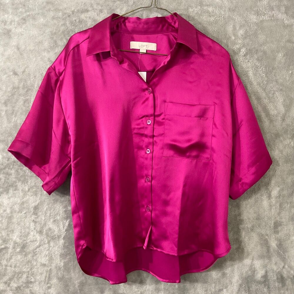 NWT LOFT Satin Short Sleeve Blouse top Women's Size Small Purple career office